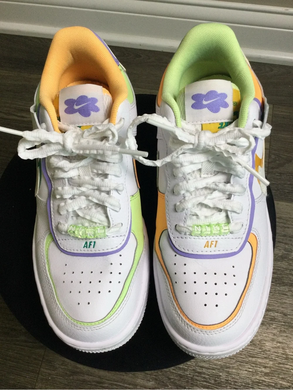 Nike Air Force One Shadow White Sneakers with Orange, Purple and Lime Accents